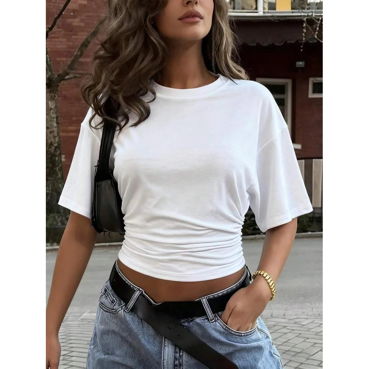Slimming  Color round Neck Short Sleeve T-Shirt Women's Fashion 2026 Spring Knitted Polyester Batwing Style Top