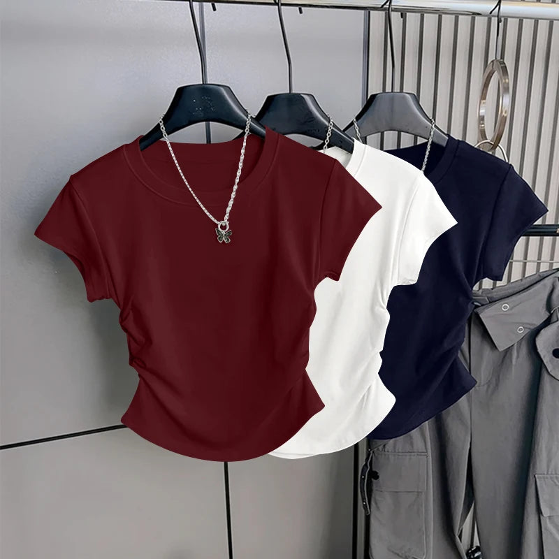 Women's ort Sve T-irt 2025 New Summer Faionable Waist-Cinching Design Commute Slimming Versatile Top Teaded