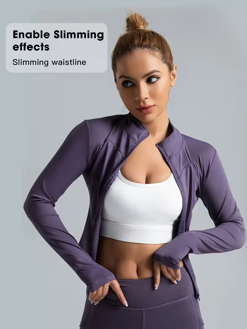Women Slim Fit Stand Collar Sports Jacket Zip Up Yoga Jacket Quick Dry Slim Waist Running Workout Coat For Spring