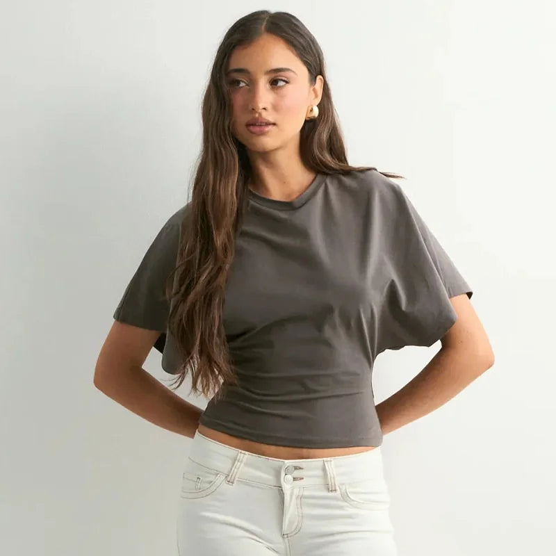 Liraya Solid Cotton O-Neck Pullover Waist Short Top Women Short-Sleeved Loose T-shirt Causal All-Match Shirts Summer Basic New