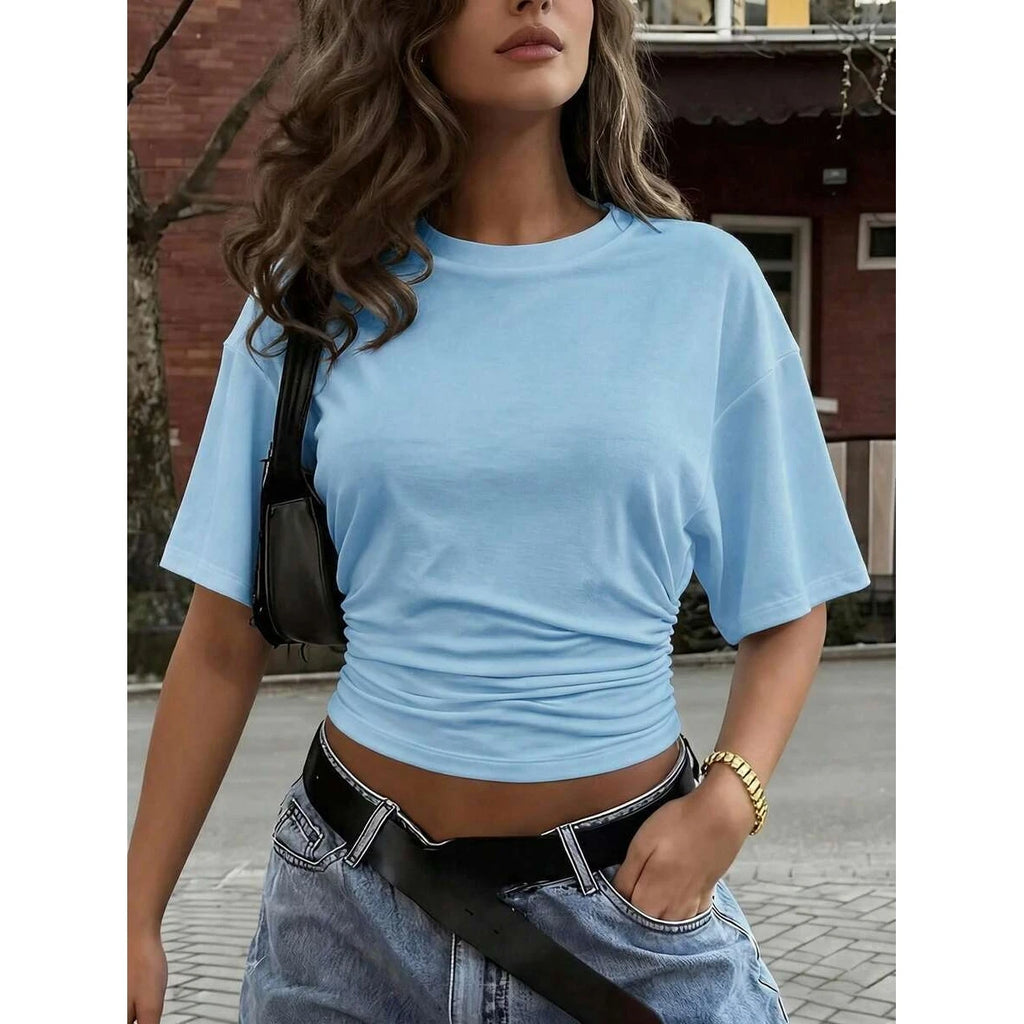 Slimming  Color round Neck Short Sleeve T-Shirt Women's Fashion 2026 Spring Knitted Polyester Batwing Style Top