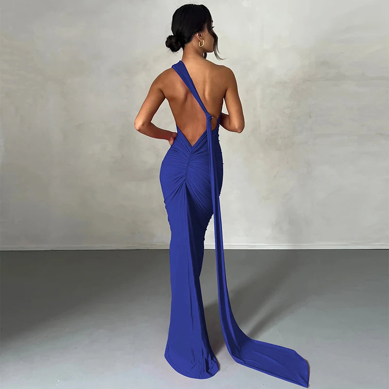 Hugcitar One Shoulder Backless Adjustable Scarf Loop Ruched Sexy Maxi Dress Women Elegant Y2K Streetwear Festival Outfit