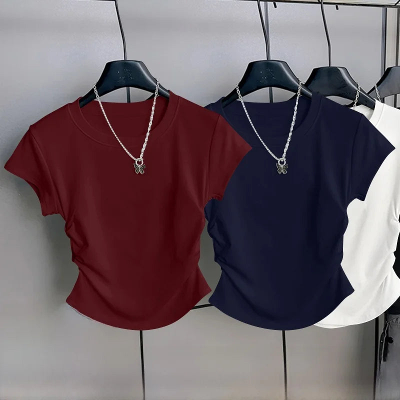 Women's ort Sve T-irt 2025 New Summer Faionable Waist-Cinching Design Commute Slimming Versatile Top Teaded