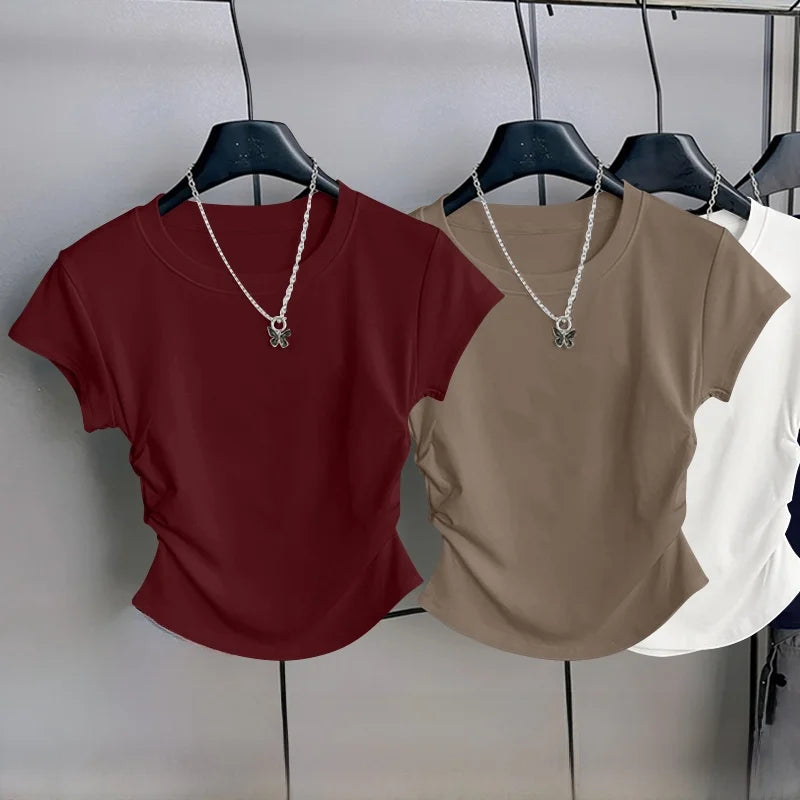Women's ort Sve T-irt 2025 New Summer Faionable Waist-Cinching Design Commute Slimming Versatile Top Teaded