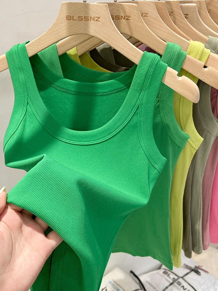 Women Solid Round Neck Ribbed Tank Top Camisole Women 2026 Summer Basic Elastic Tank Top O Neck Solid Tank Top