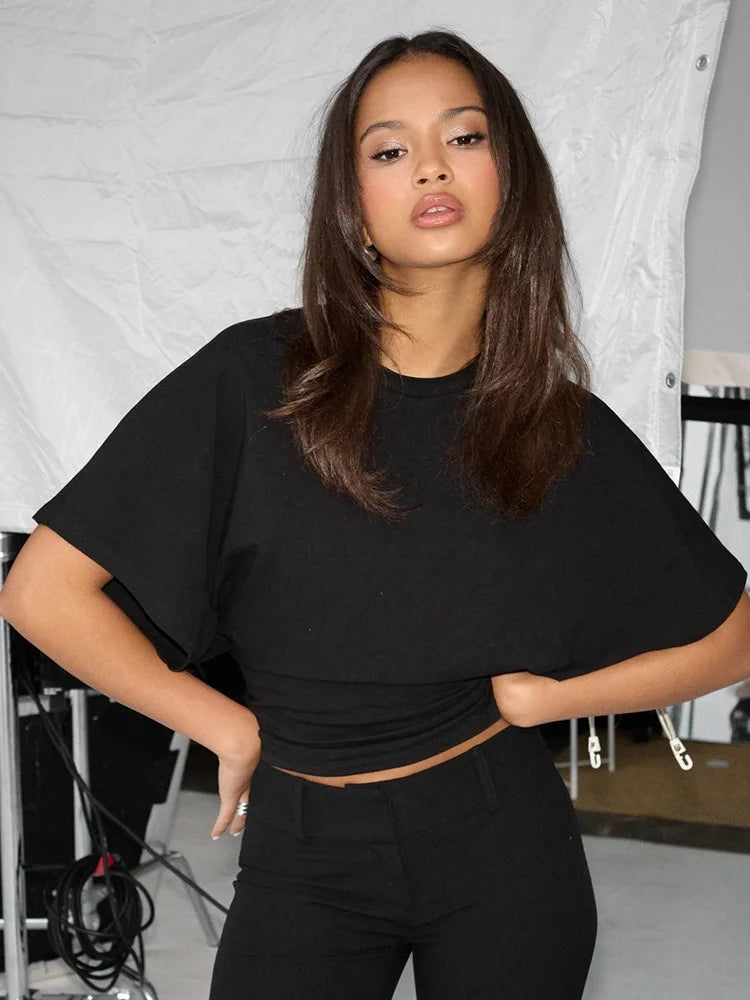Liraya Solid Cotton O-Neck Pullover Waist Short Top Women Short-Sleeved Loose T-shirt Causal All-Match Shirts Summer Basic New