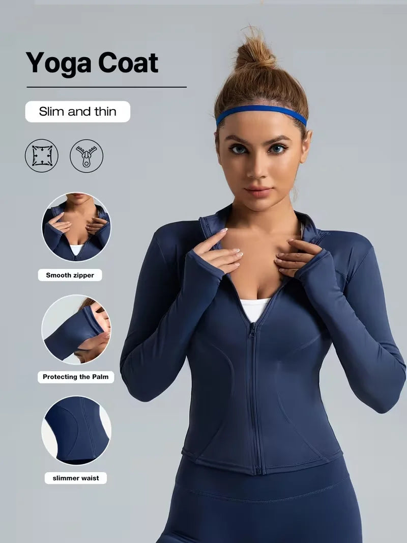 Women Slim Fit Stand Collar Sports Jacket Zip Up Yoga Jacket Quick Dry Slim Waist Running Workout Coat For Spring