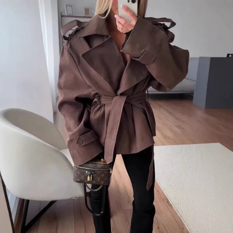 F New Fashion Lace up Cropped Trench Coat Women Lapel Long Sleeves Wide Shoulder Windbreaker Jacket Fall Commuting Daily Jackets
