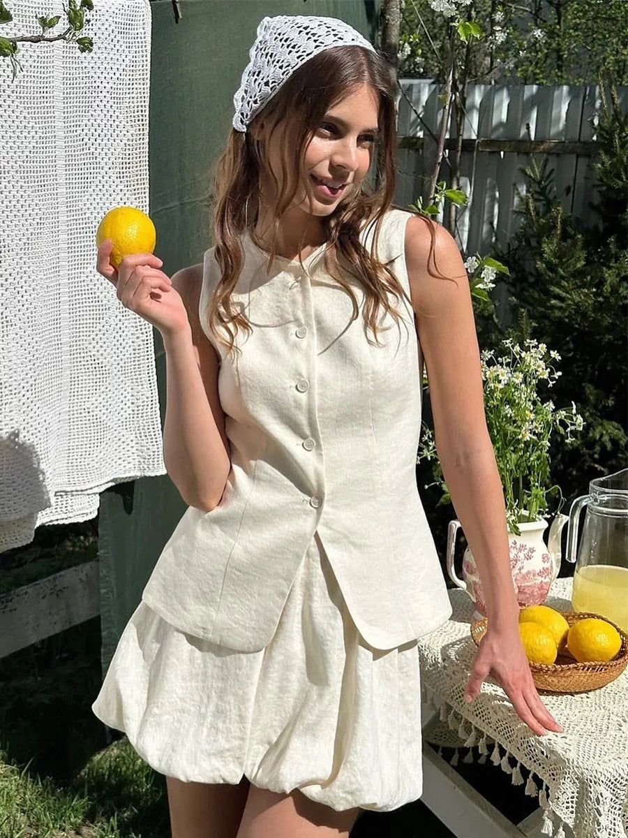 Bornladies Cotton Chic Casual Vest Mini Skirt Set Women's Fashion Commuter Sleeveless Tank Top Loose Shorts Suits Summer New