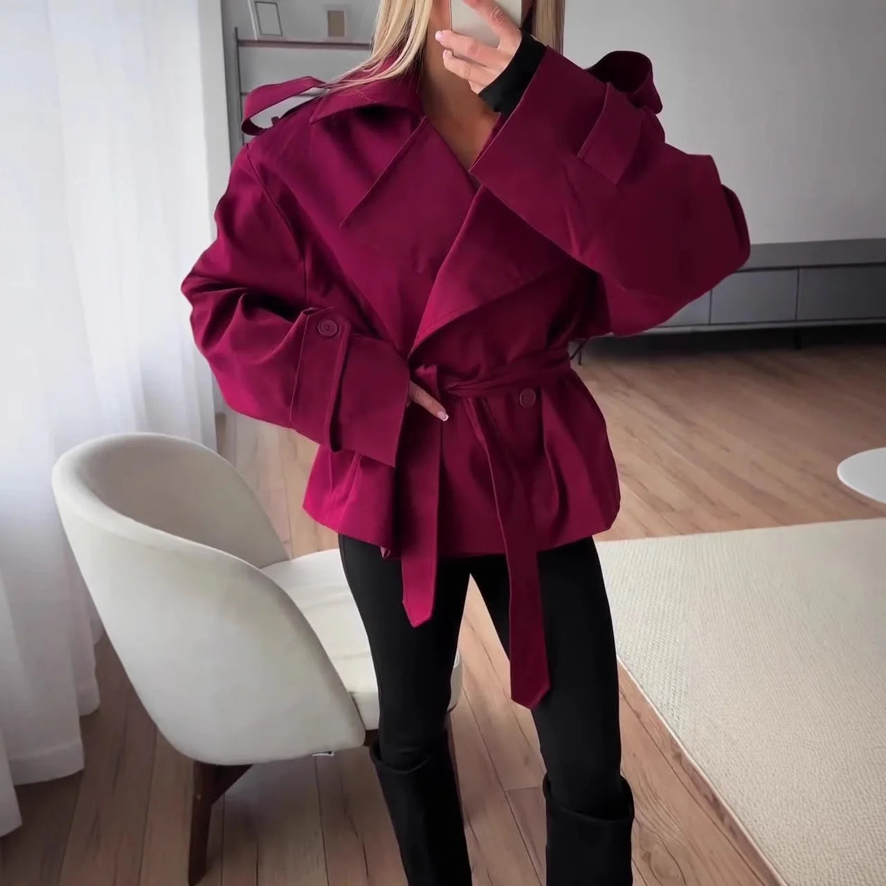 F New Fashion Lace up Cropped Trench Coat Women Lapel Long Sleeves Wide Shoulder Windbreaker Jacket Fall Commuting Daily Jackets
