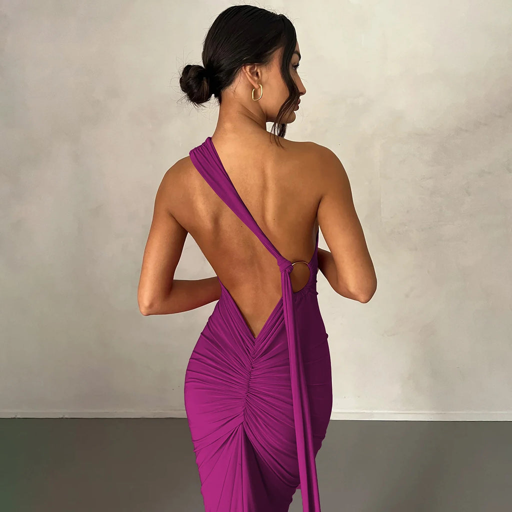 Hugcitar One Shoulder Backless Adjustable Scarf Loop Ruched Sexy Maxi Dress Women Elegant Y2K Streetwear Festival Outfit