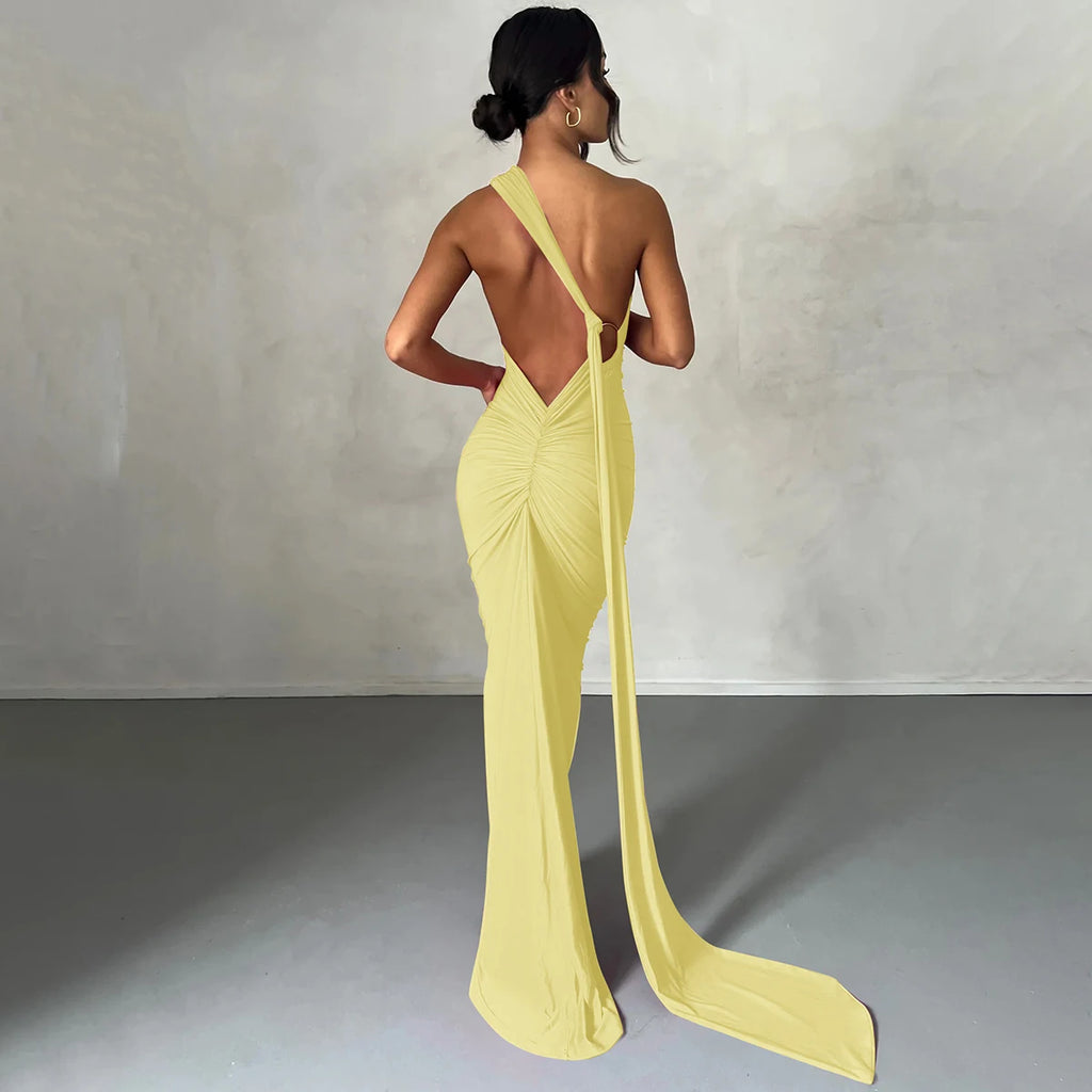 Hugcitar One Shoulder Backless Adjustable Scarf Loop Ruched Sexy Maxi Dress Women Elegant Y2K Streetwear Festival Outfit