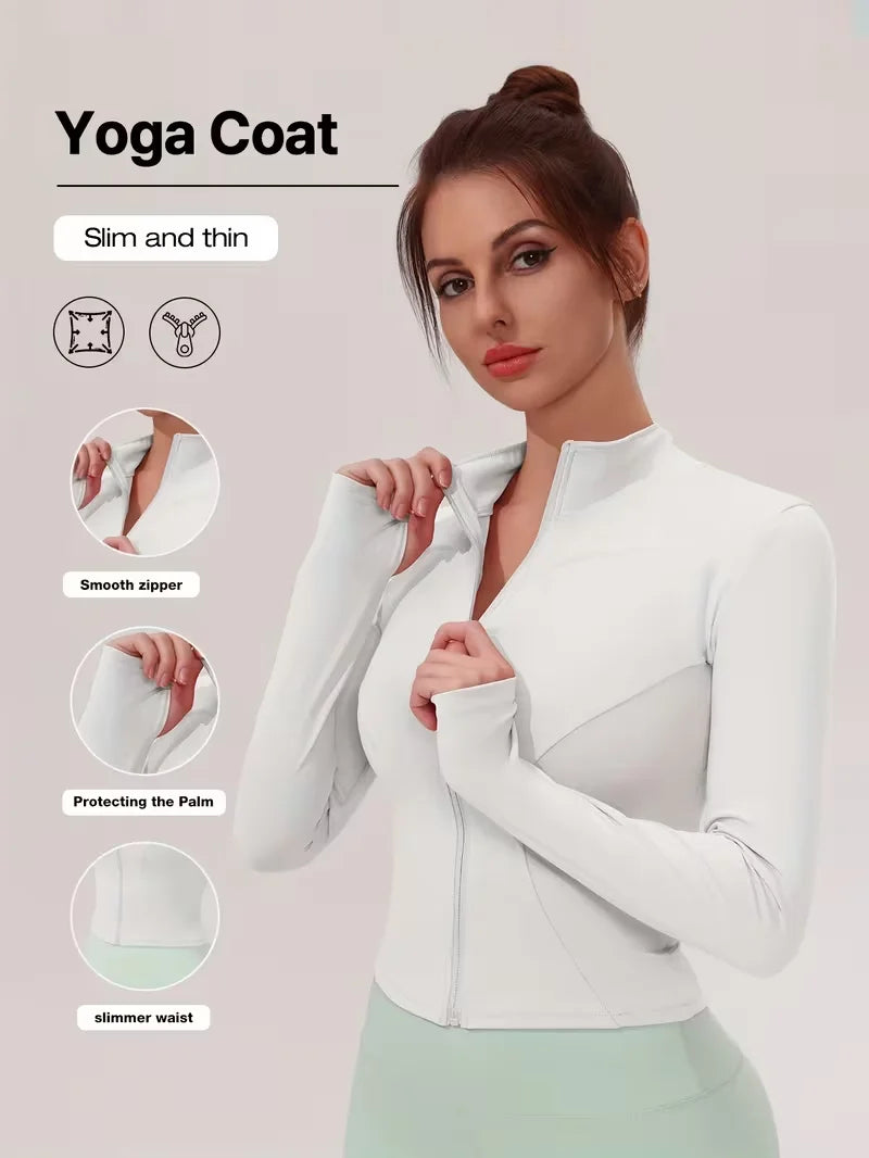Women Slim Fit Stand Collar Sports Jacket Zip Up Yoga Jacket Quick Dry Slim Waist Running Workout Coat For Spring