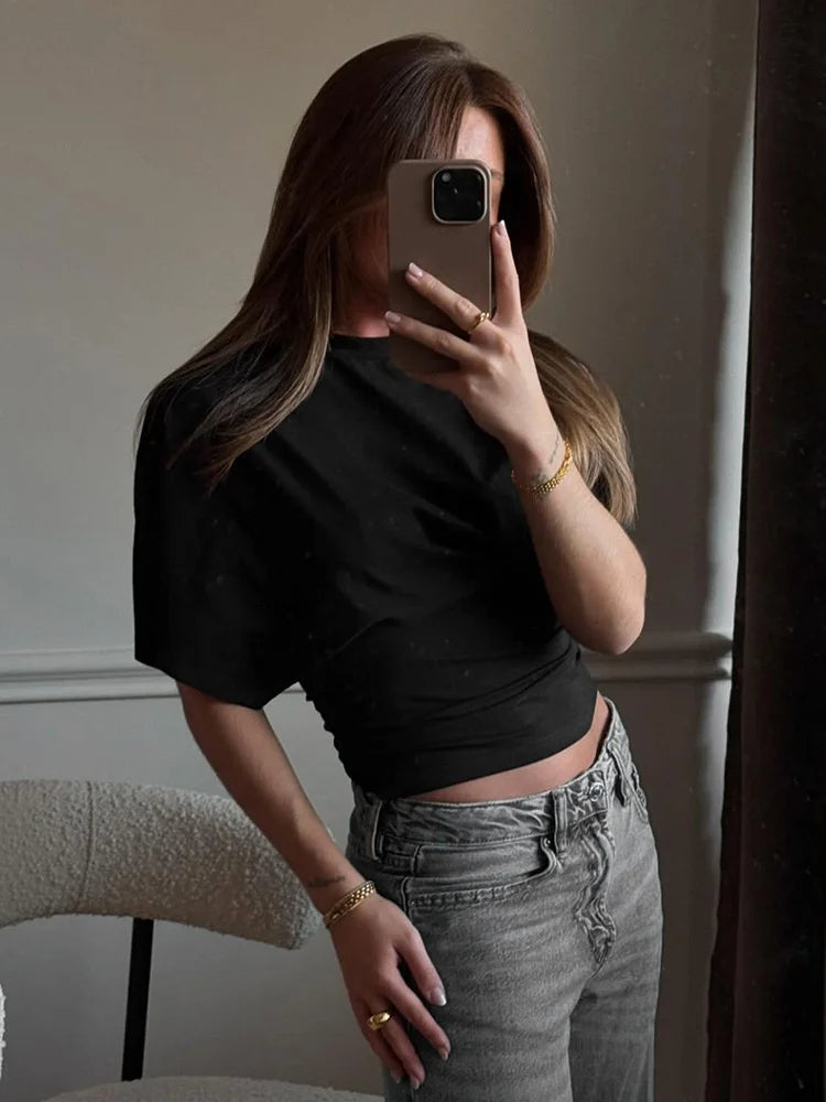 Liraya Solid Cotton O-Neck Pullover Waist Short Top Women Short-Sleeved Loose T-shirt Causal All-Match Shirts Summer Basic New
