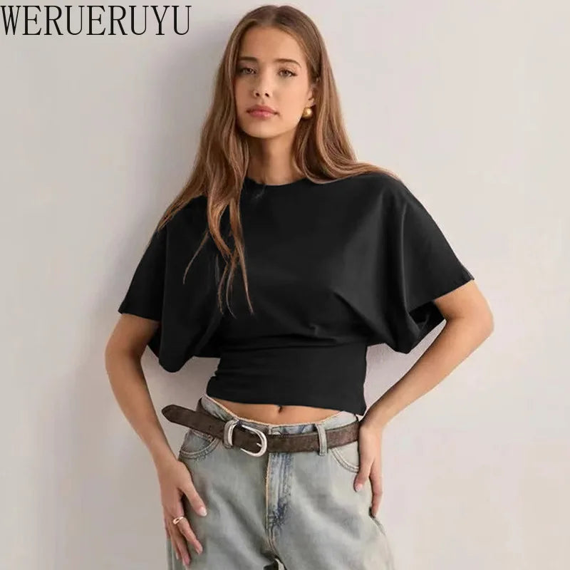 Batwing Sleeves Loose T-shirt Short Sleeve Tee Crop Top Women Summer Clothes Black White Gray Streetwear T Shirts Woman 2026 New
