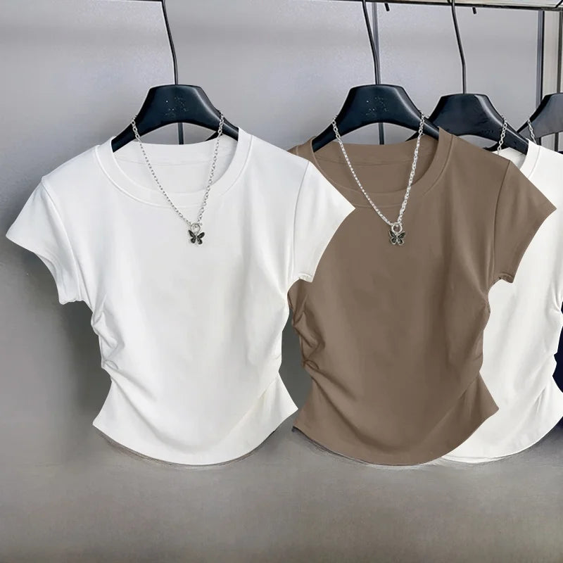 Women's ort Sve T-irt 2025 New Summer Faionable Waist-Cinching Design Commute Slimming Versatile Top Teaded