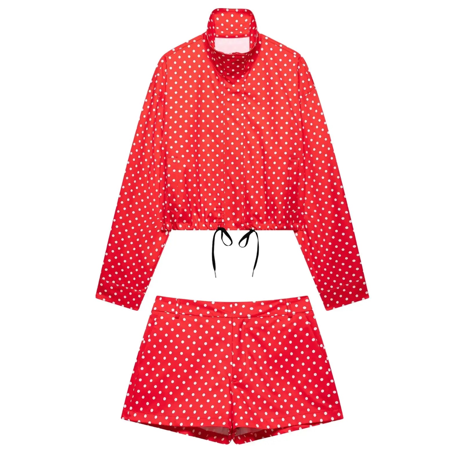 HH Woman Autumn Long Sleeves Turtleneck Zipper With Pockets Drawstring Casual Coats Women Fashion Polka Dot Printed Jacket
