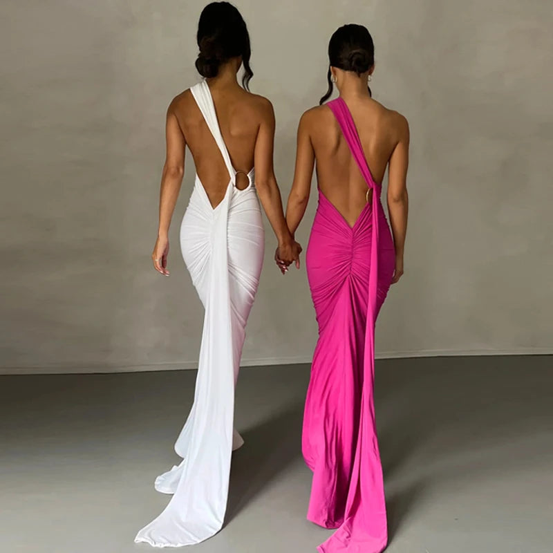 Hugcitar One Shoulder Backless Adjustable Scarf Loop Ruched Sexy Maxi Dress Women Elegant Y2K Streetwear Festival Outfit