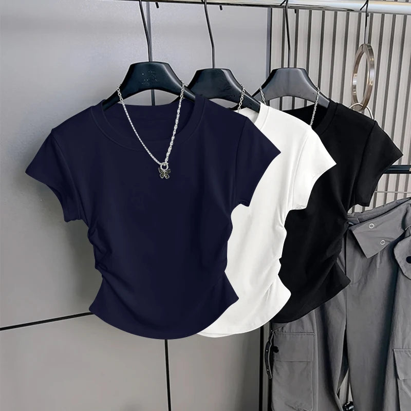 Women's ort Sve T-irt 2025 New Summer Faionable Waist-Cinching Design Commute Slimming Versatile Top Teaded