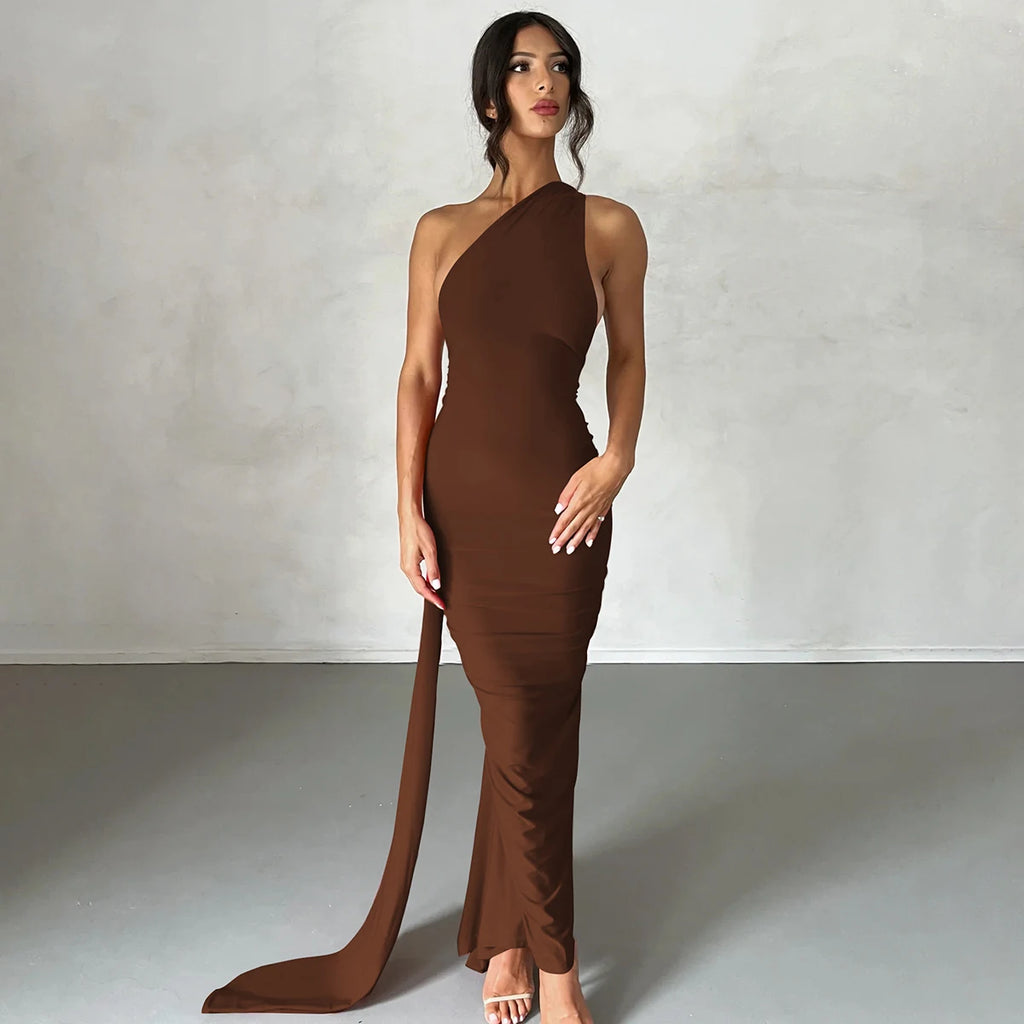 Hugcitar One Shoulder Backless Adjustable Scarf Loop Ruched Sexy Maxi Dress Women Elegant Y2K Streetwear Festival Outfit