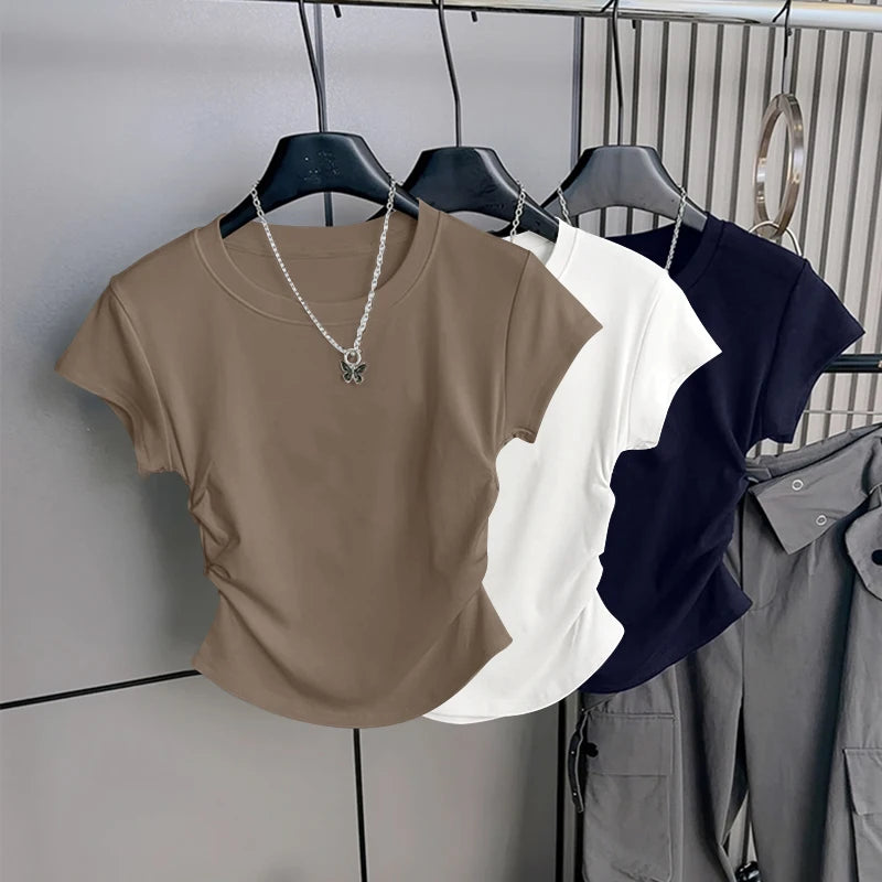 Women's ort Sve T-irt 2025 New Summer Faionable Waist-Cinching Design Commute Slimming Versatile Top Teaded