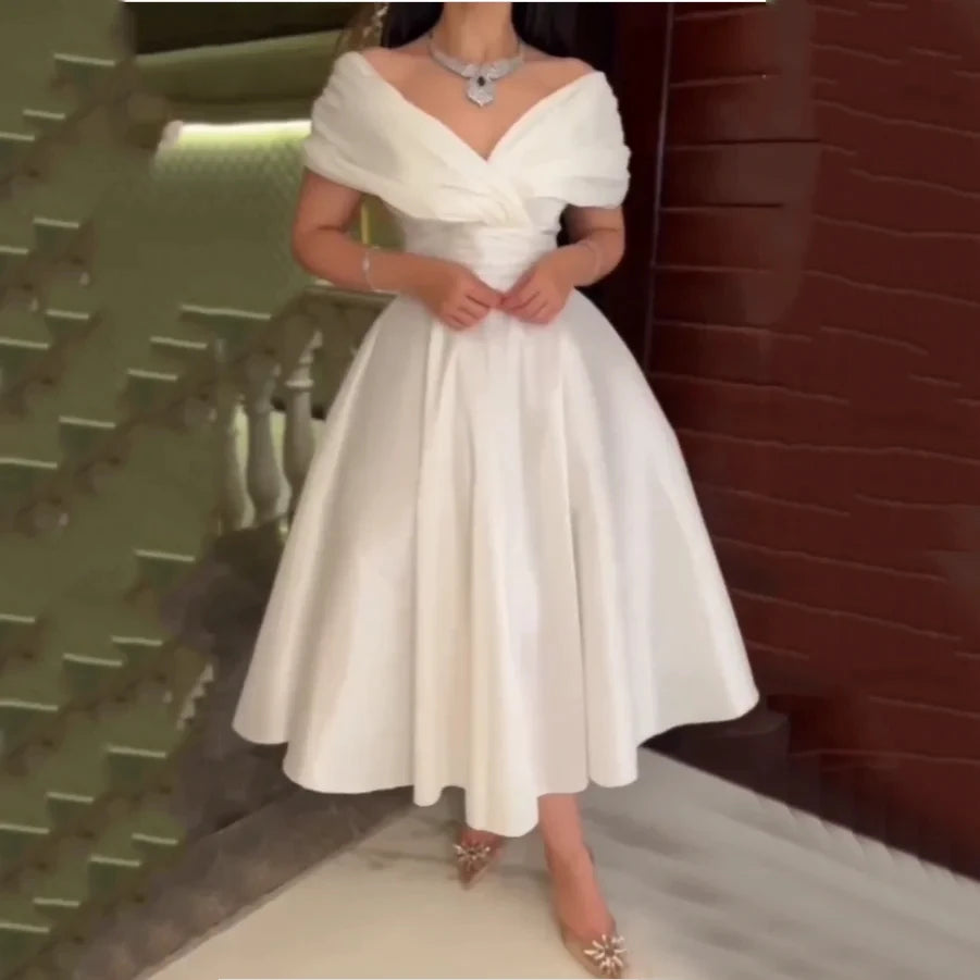 VENUS Elegant Ladies Evening Dresses Tea Length A Line Prom Dresses Вечернее платье فساتين سهرة V Neck Taffeta Formal Party Gown