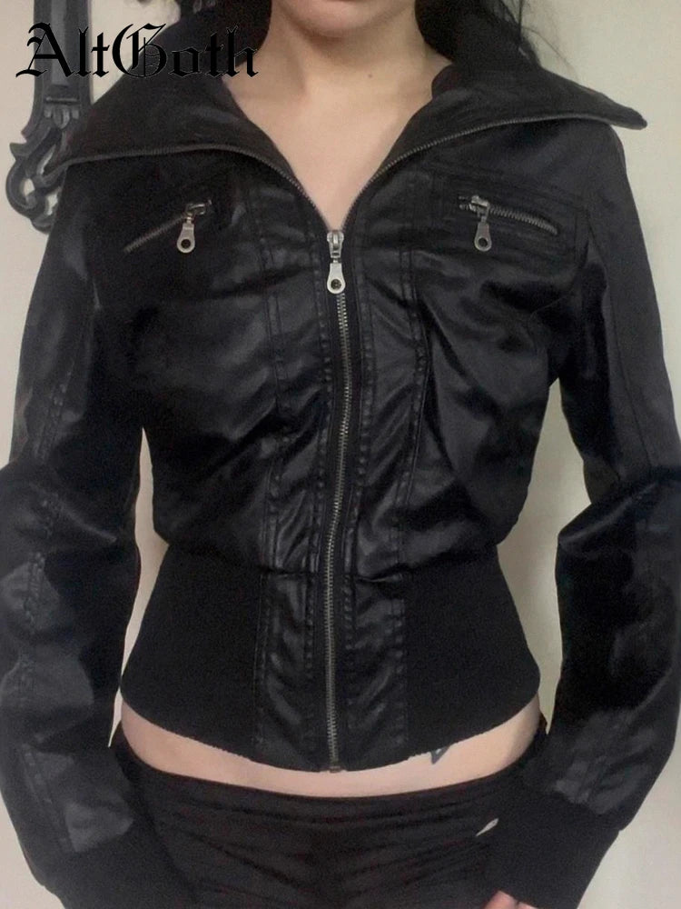 AltGoth Amercian Vintage Pu Leather Jacket Women Streetwear Harajuku Grunge Emo Alternative Grunge Zipper Casual Coats Female