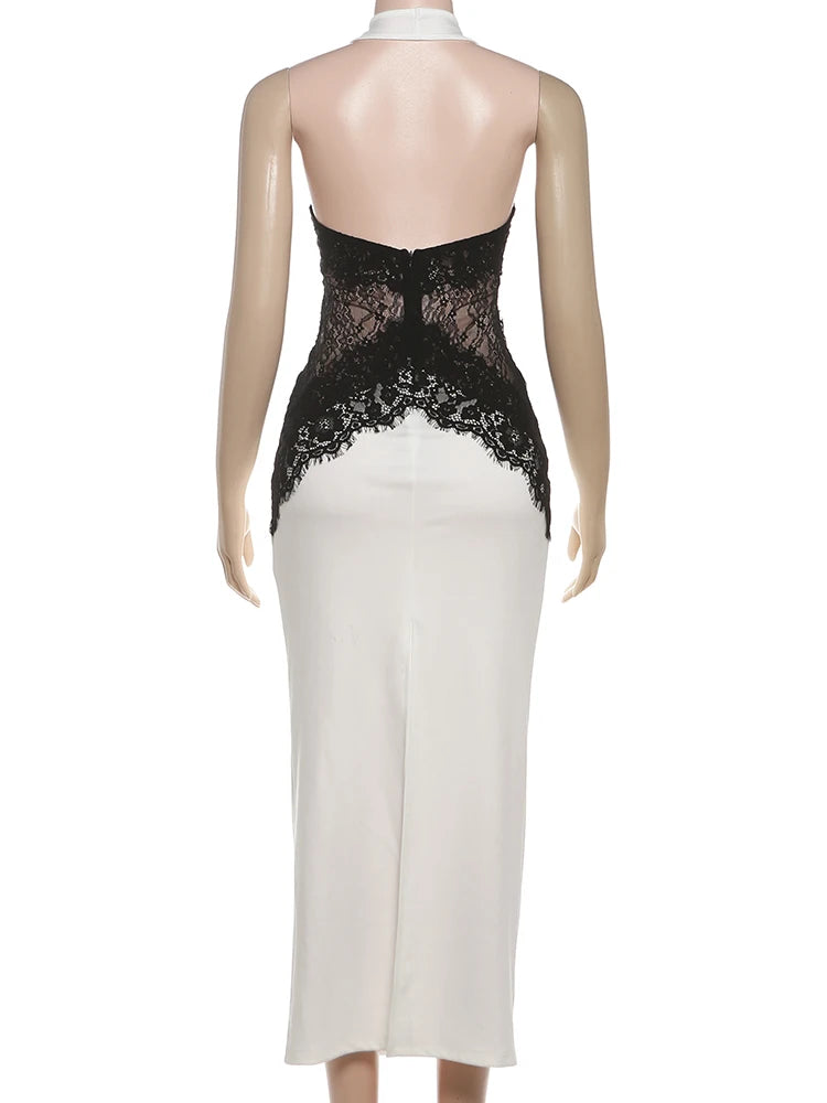 Kliou Lace Patchwork Long Dresses Woman Halter o-Neck Off Shoulder Backless Robe Midnight Prom Party Elegant Skinny Vestidos
