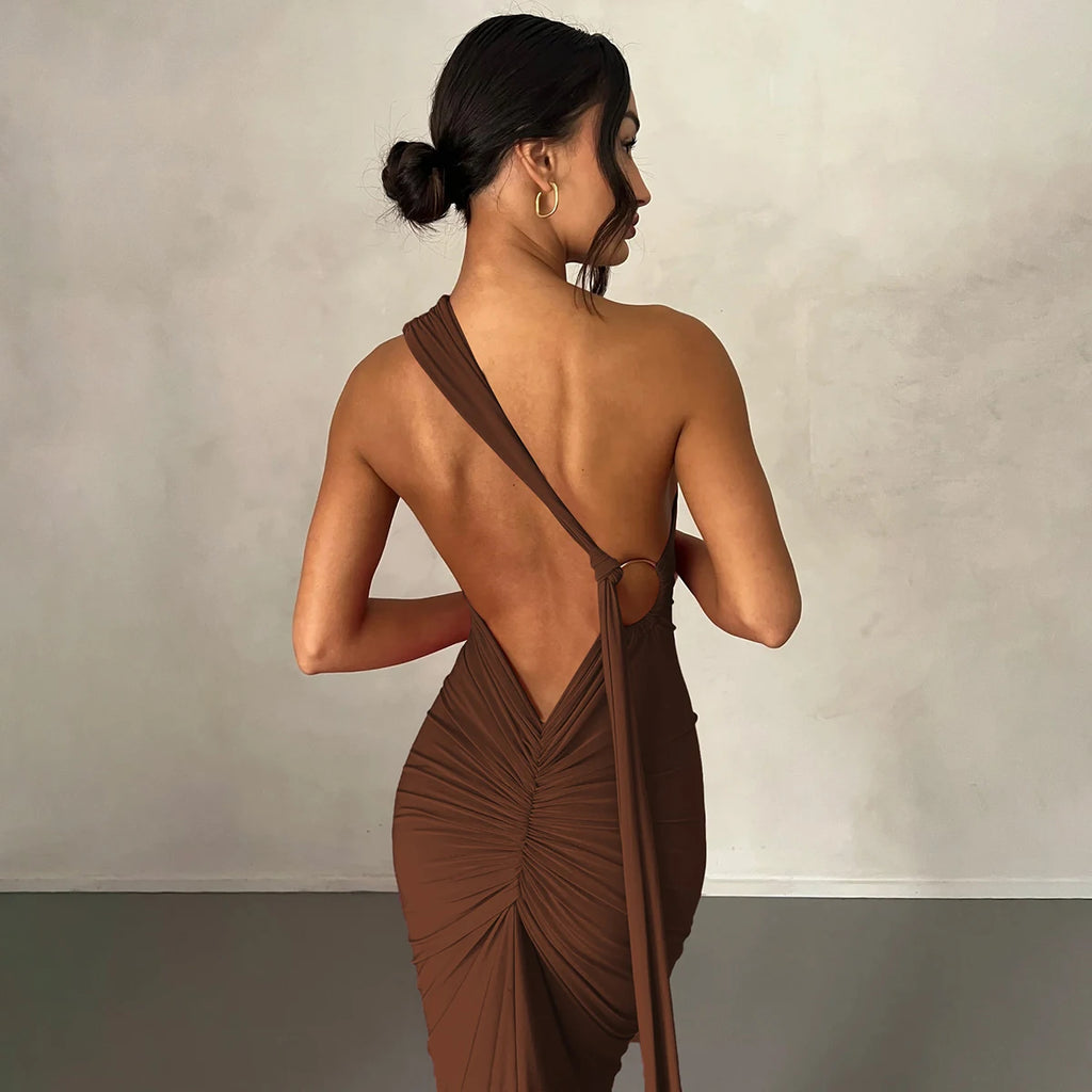 Hugcitar One Shoulder Backless Adjustable Scarf Loop Ruched Sexy Maxi Dress Women Elegant Y2K Streetwear Festival Outfit