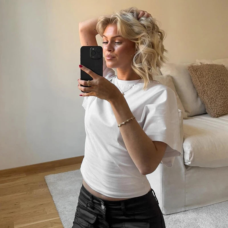 Fashion Casual Woman Clothes Solid Gray 2025 Cropped T-shirt O-neck Corset Tops Streetwear Girls Spring Summer Short Tee Shirts
