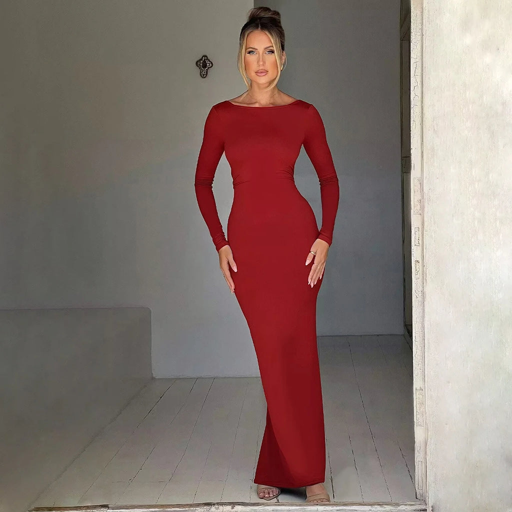 Hugcitar Spring Elegant Long Sleeve Backless Solid Cuched Sexy Bodycon Maxi Prom Dress Women Outfit Evening Party Festival Y2K