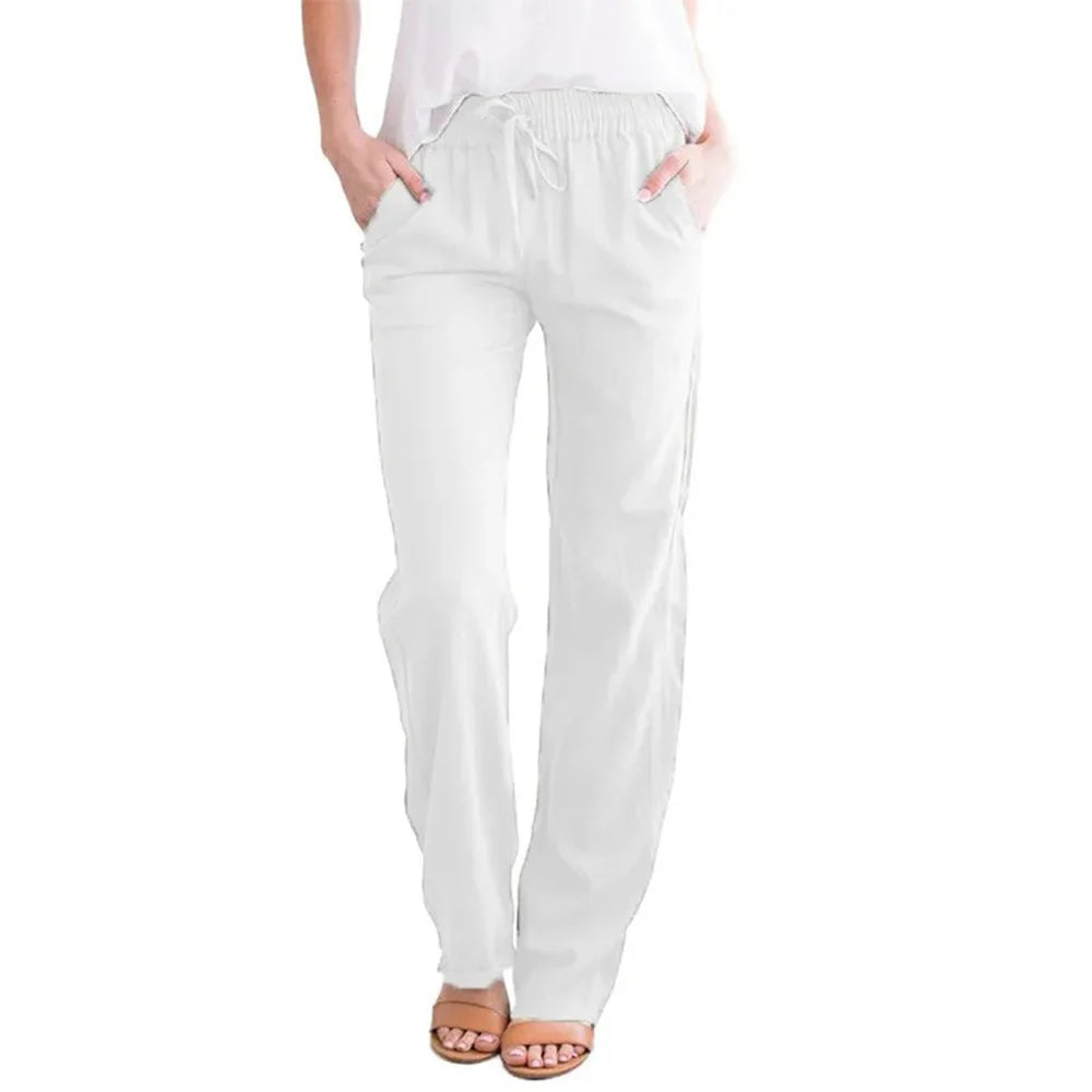 Women Cotton Linen Drawstring Pants Elastic Waist Casual Solid Color Trousers Baggy Loose Straight Leg Breathable Sweatpants