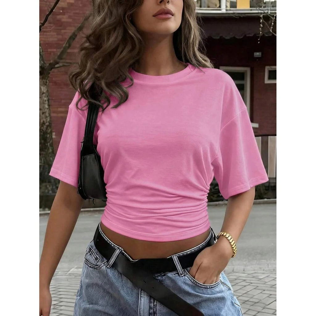 Slimming  Color round Neck Short Sleeve T-Shirt Women's Fashion 2026 Spring Knitted Polyester Batwing Style Top