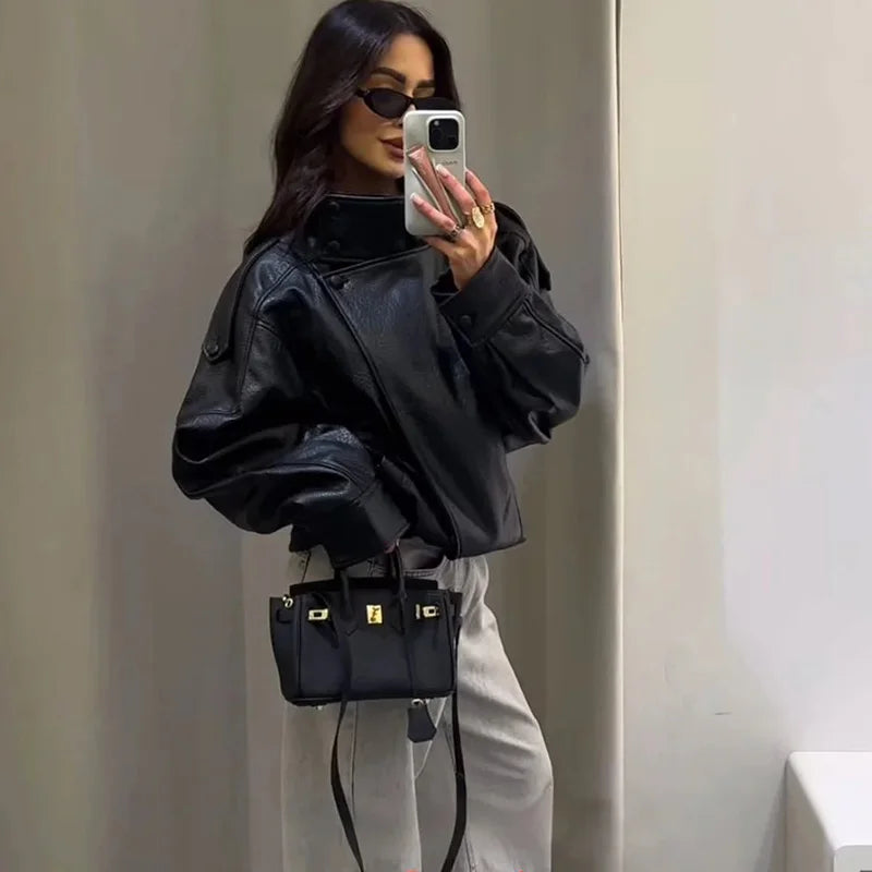 PRINTKAOIR Casual Chic Black Leather Jackets Women Long Sleeve Buttons Elastic Oversized Coat Fashion 2025 Fall Streetwear Coats