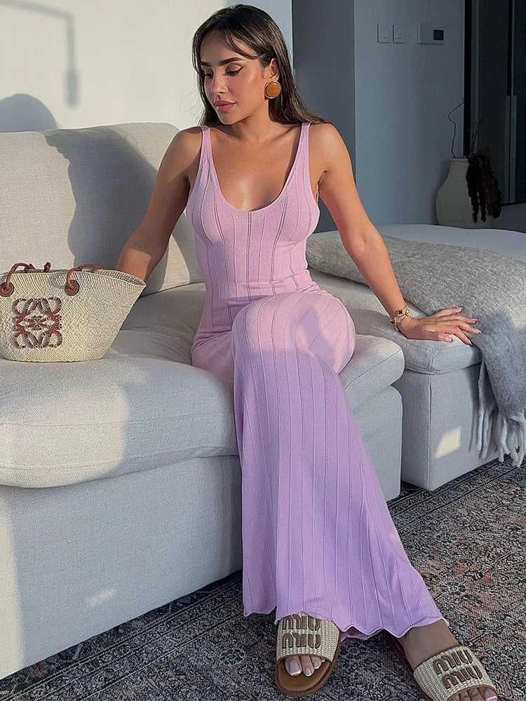 Trendix Knit Backless Dress For Women V Neck Slim Sleeveless Suspender Maxi Dress Vacation Sexy Beach Knitted Elegant Long Dress