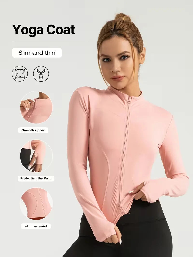 Women Slim Fit Stand Collar Sports Jacket Zip Up Yoga Jacket Quick Dry Slim Waist Running Workout Coat For Spring