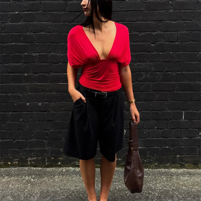 Sexy V Neck Tanks Top Women Backless Lace Up Ruched Crop Top Vest Tee Y2K Slim Club Party Top Hot Girl 2026 Summer New Tops