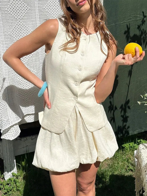 Bornladies Cotton Chic Casual Vest Mini Skirt Set Women's Fashion Commuter Sleeveless Tank Top Loose Shorts Suits Summer New