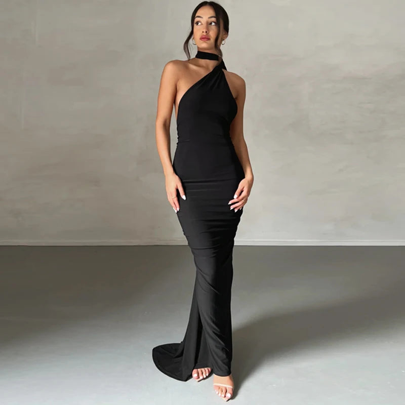Hugcitar One Shoulder Backless Adjustable Scarf Loop Ruched Sexy Maxi Dress Women Elegant Y2K Streetwear Festival Outfit