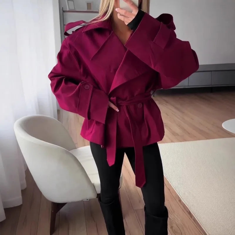 F New Fashion Lace up Cropped Trench Coat Women Lapel Long Sleeves Wide Shoulder Windbreaker Jacket Fall Commuting Daily Jackets