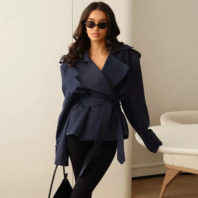F New Fashion Lace up Cropped Trench Coat Women Lapel Long Sleeves Wide Shoulder Windbreaker Jacket Fall Commuting Daily Jackets