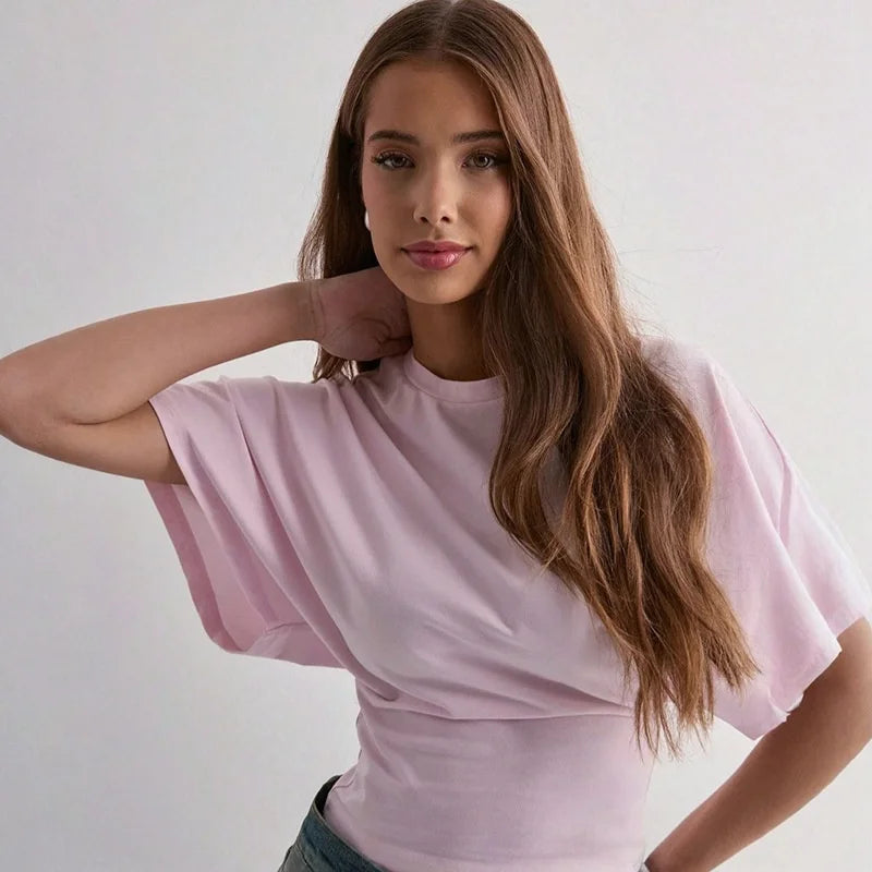 Liraya Solid Cotton O-Neck Pullover Waist Short Top Women Short-Sleeved Loose T-shirt Causal All-Match Shirts Summer Basic New