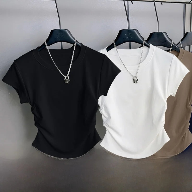 Women's ort Sve T-irt 2025 New Summer Faionable Waist-Cinching Design Commute Slimming Versatile Top Teaded