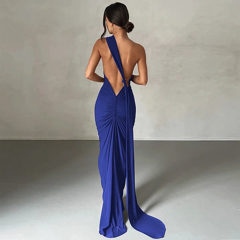 Hugcitar One Shoulder Backless Adjustable Scarf Loop Ruched Sexy Maxi Dress Women Elegant Y2K Streetwear Festival Outfit