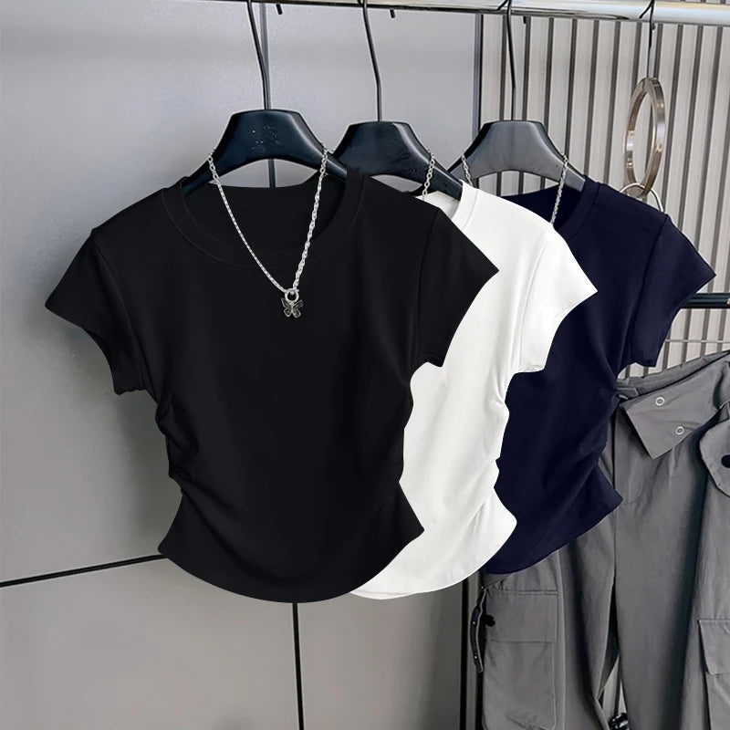 Women's ort Sve T-irt 2025 New Summer Faionable Waist-Cinching Design Commute Slimming Versatile Top Teaded