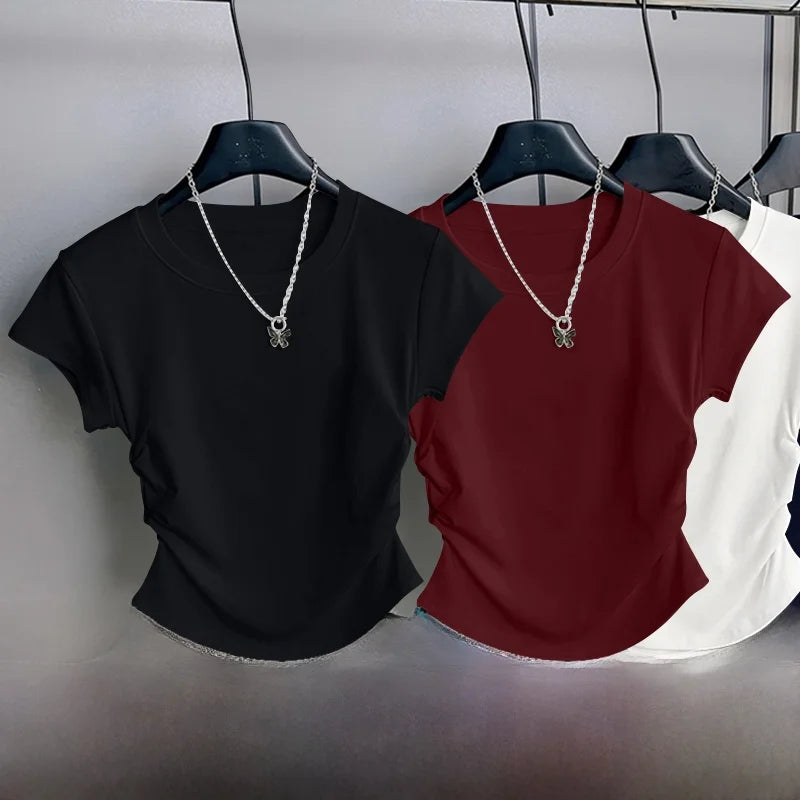 Women's ort Sve T-irt 2025 New Summer Faionable Waist-Cinching Design Commute Slimming Versatile Top Teaded