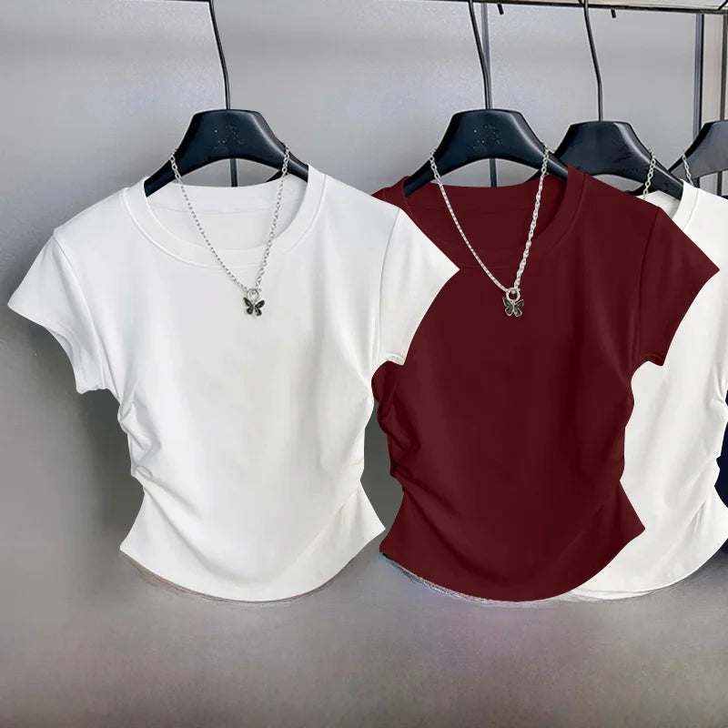 Women's ort Sve T-irt 2025 New Summer Faionable Waist-Cinching Design Commute Slimming Versatile Top Teaded
