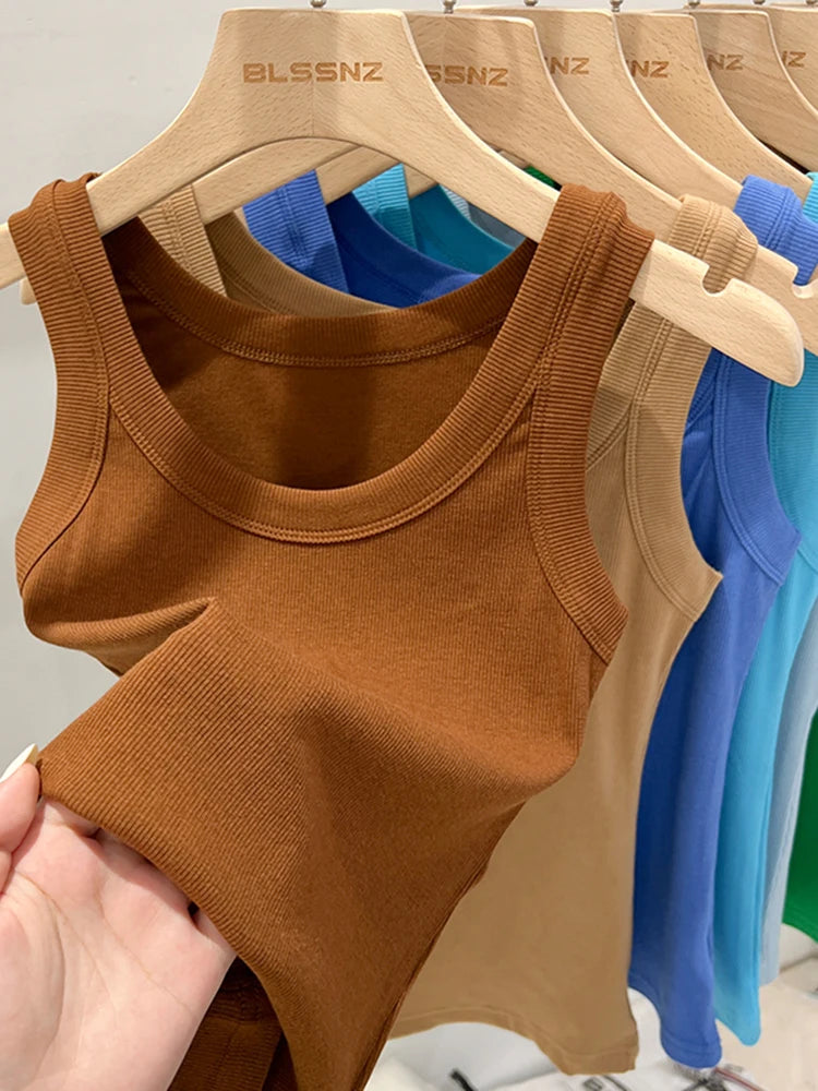 Women Solid Round Neck Ribbed Tank Top Camisole Women 2026 Summer Basic Elastic Tank Top O Neck Solid Tank Top