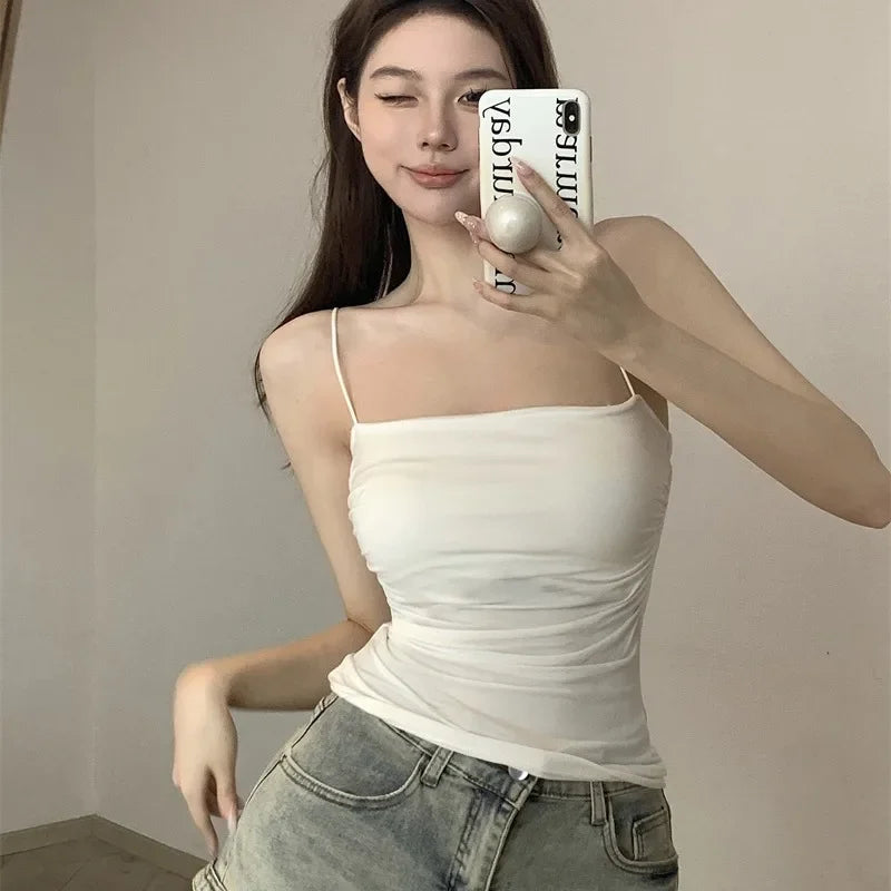 Sexy Short Top With Thin Straps Plain White Tank Top Korean Style Women's Sleeveless Top Tank Underwear Fitted Camisole