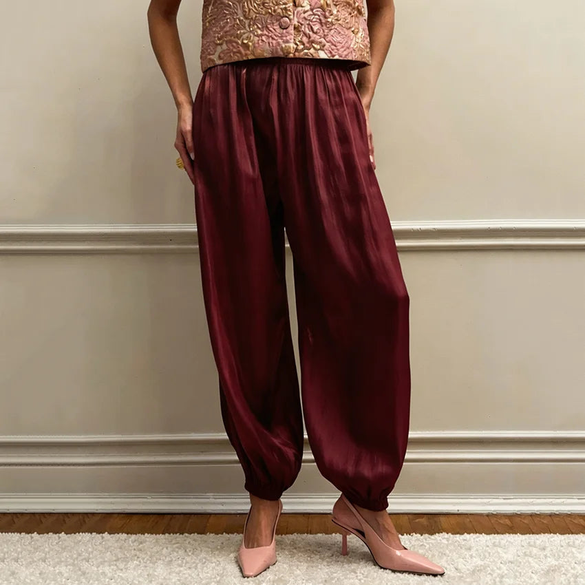 Linad Elegant Pink Crepe Loose Bloomers For Woman Street Chic Pleated Trousers Female Autumn Vintage High Waist Long Pants 2025
